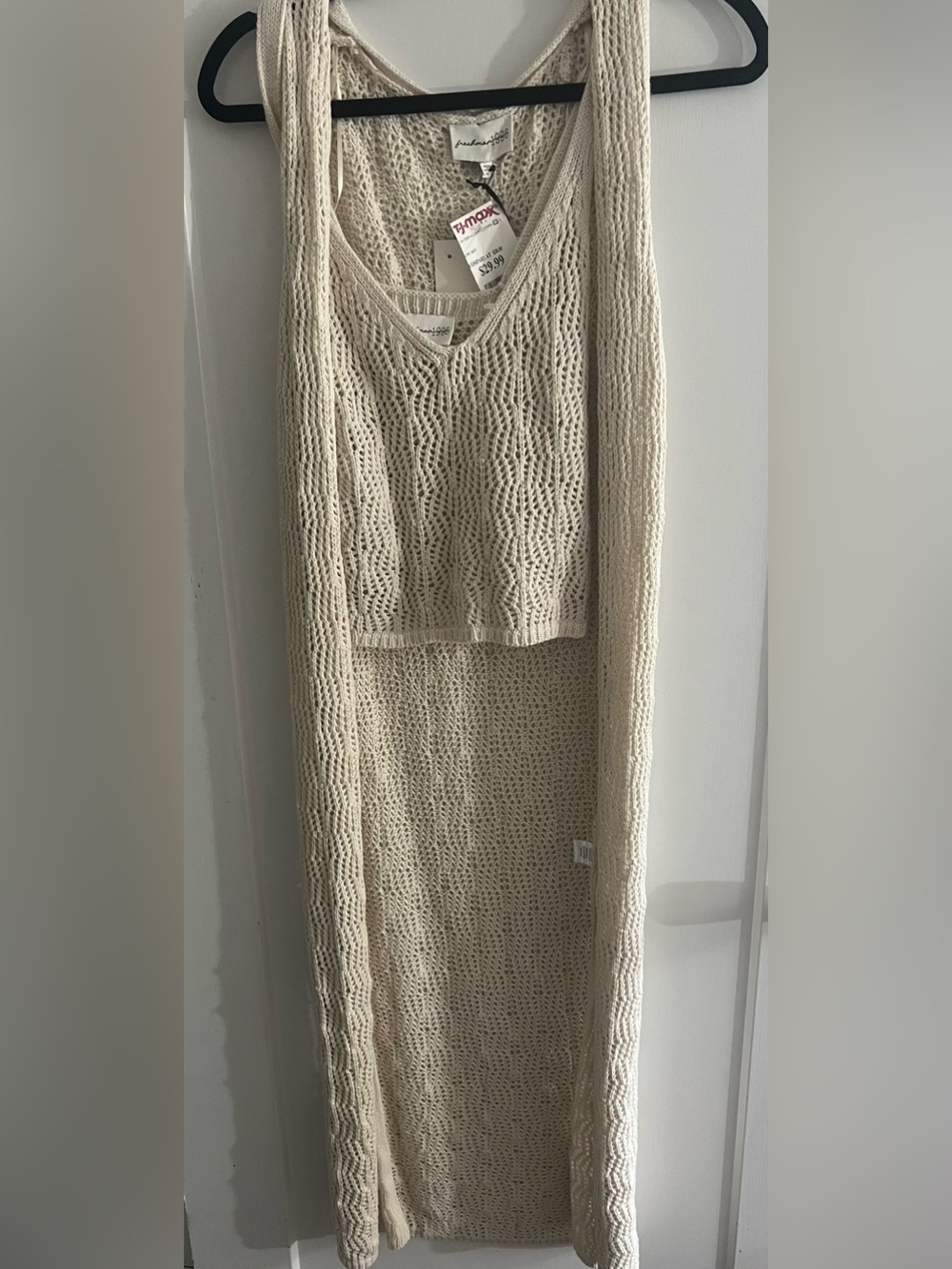 Freshman 1996- Beige Crochet Knit Maxi Vest and Crop Top Set